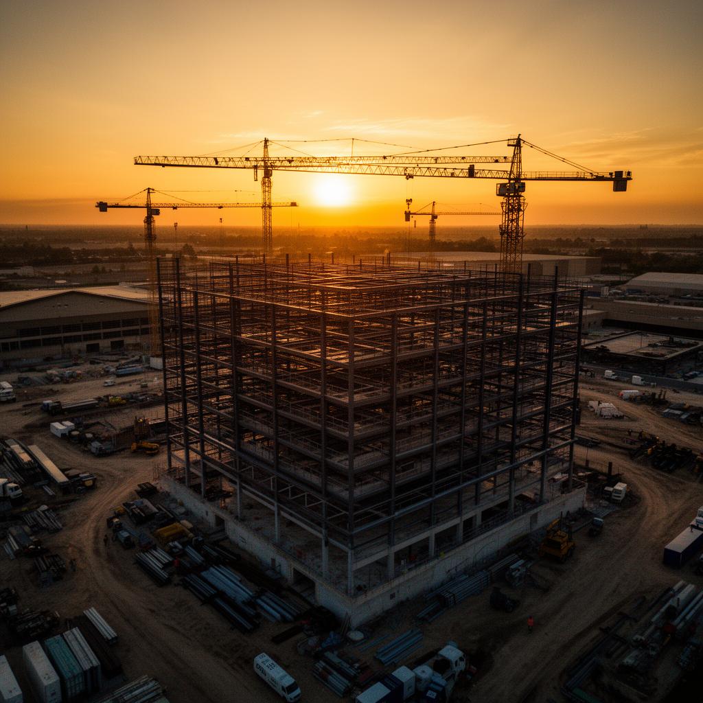 Aerial view of a large commercial construction site at golden hour