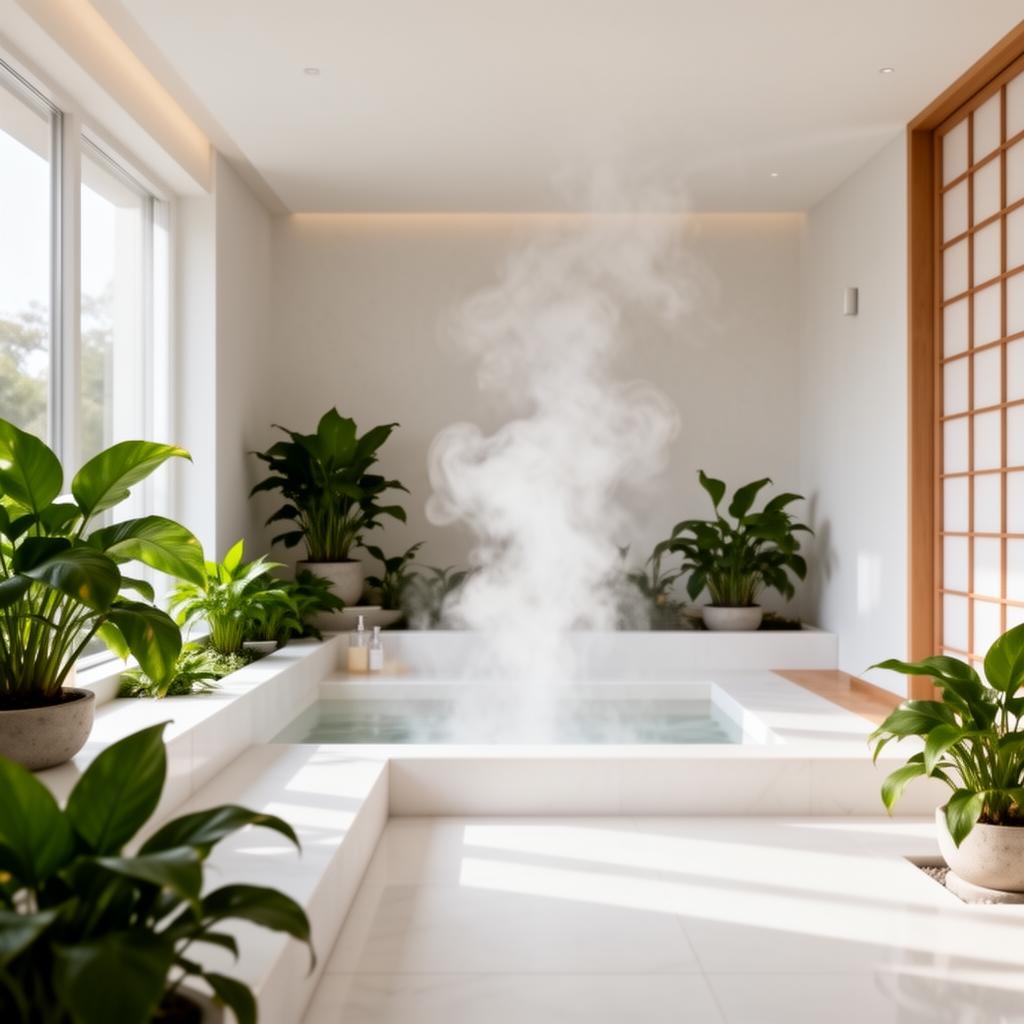 Calming wellness spa interior with natural light and greenery