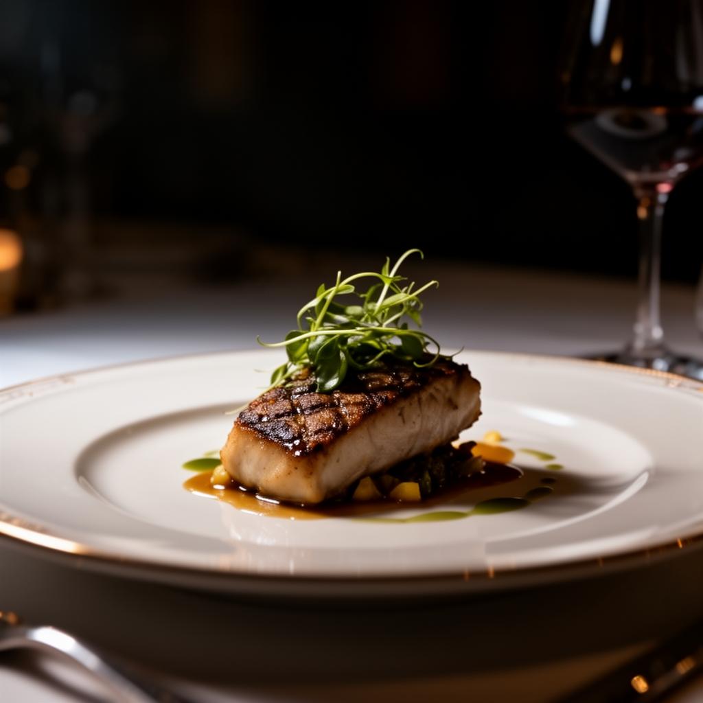 Elegant plated dish in a fine-dining restaurant with soft ambient light