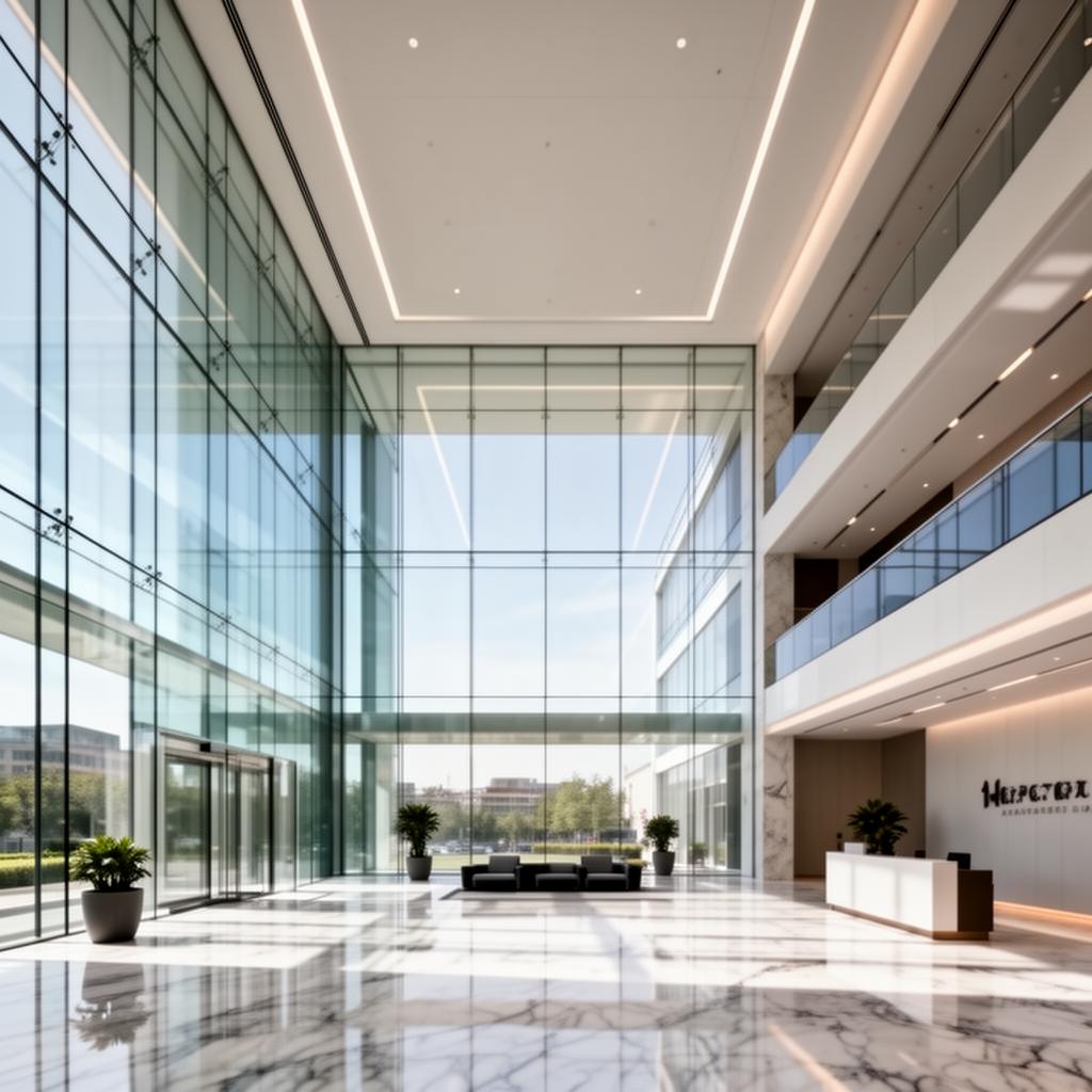 Modern glass office building lobby with clean architectural lines