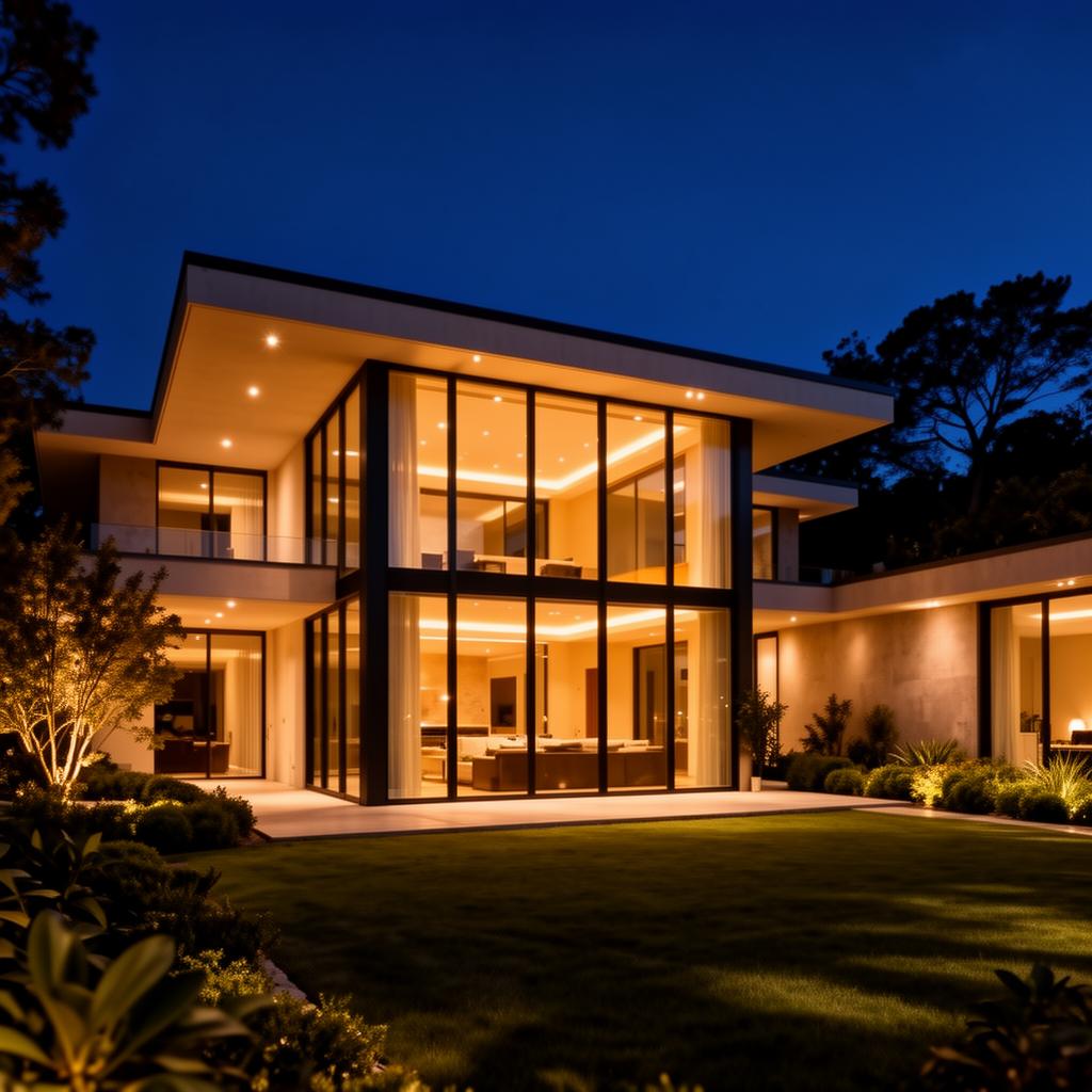 Modern luxury home exterior at twilight with interior glow