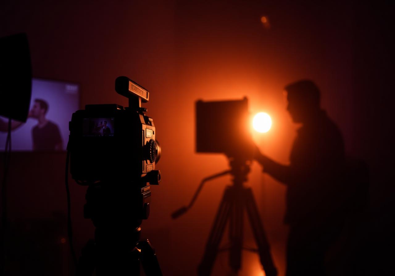 Cinema camera silhouette on a film set bathed in warm light