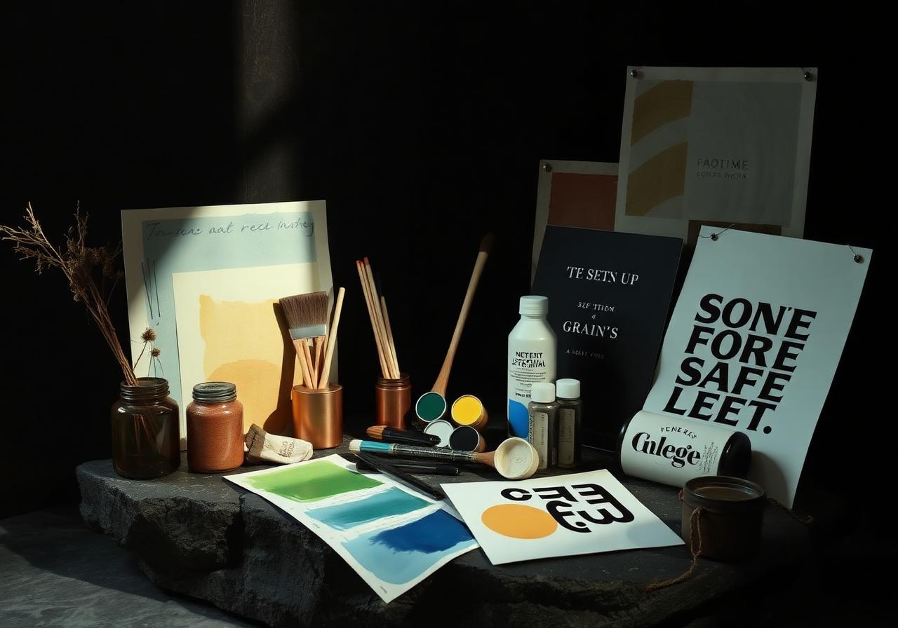 Sculptural still life of art supplies and typography prints