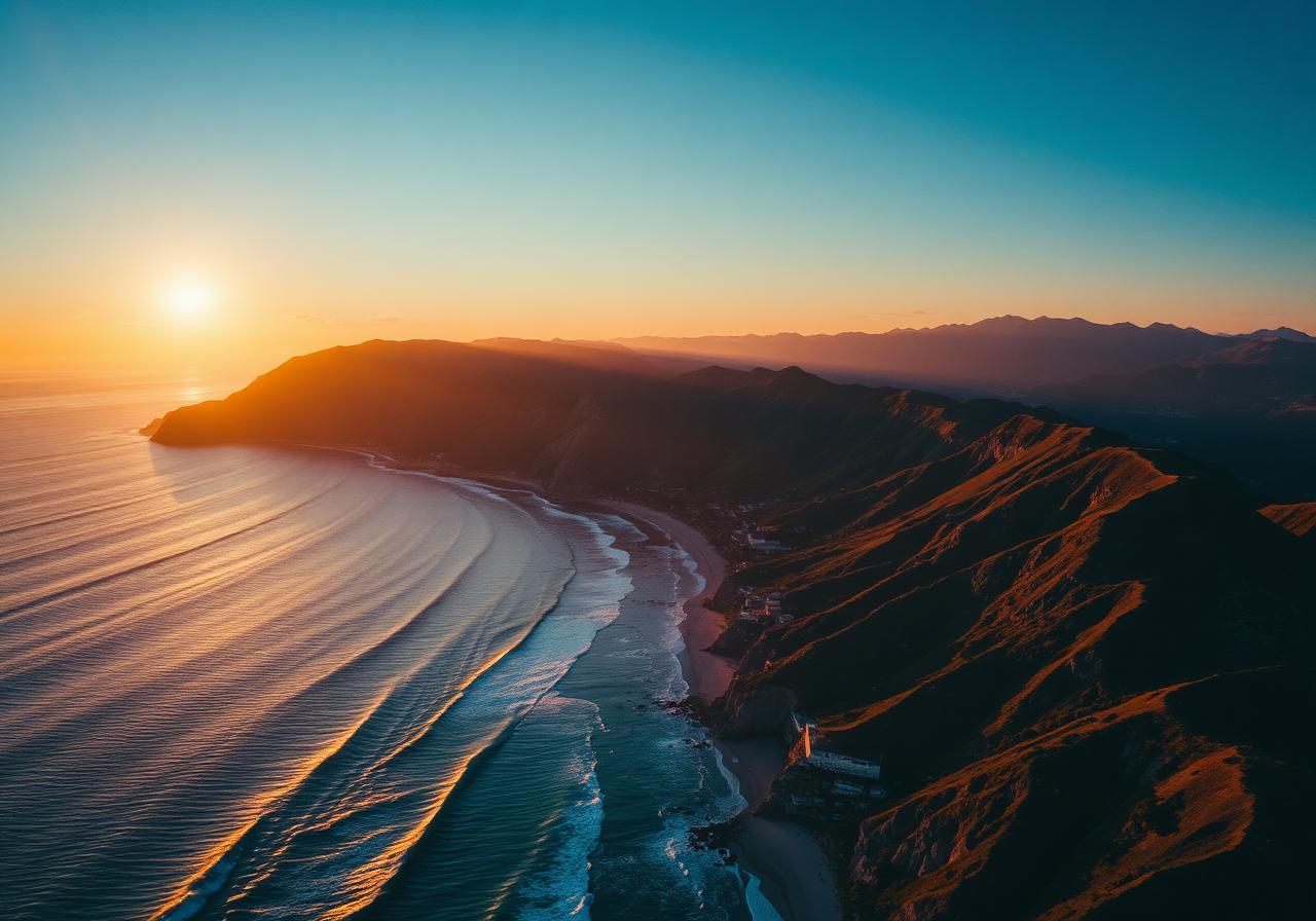 Aerial drone shot of coastline at golden hour