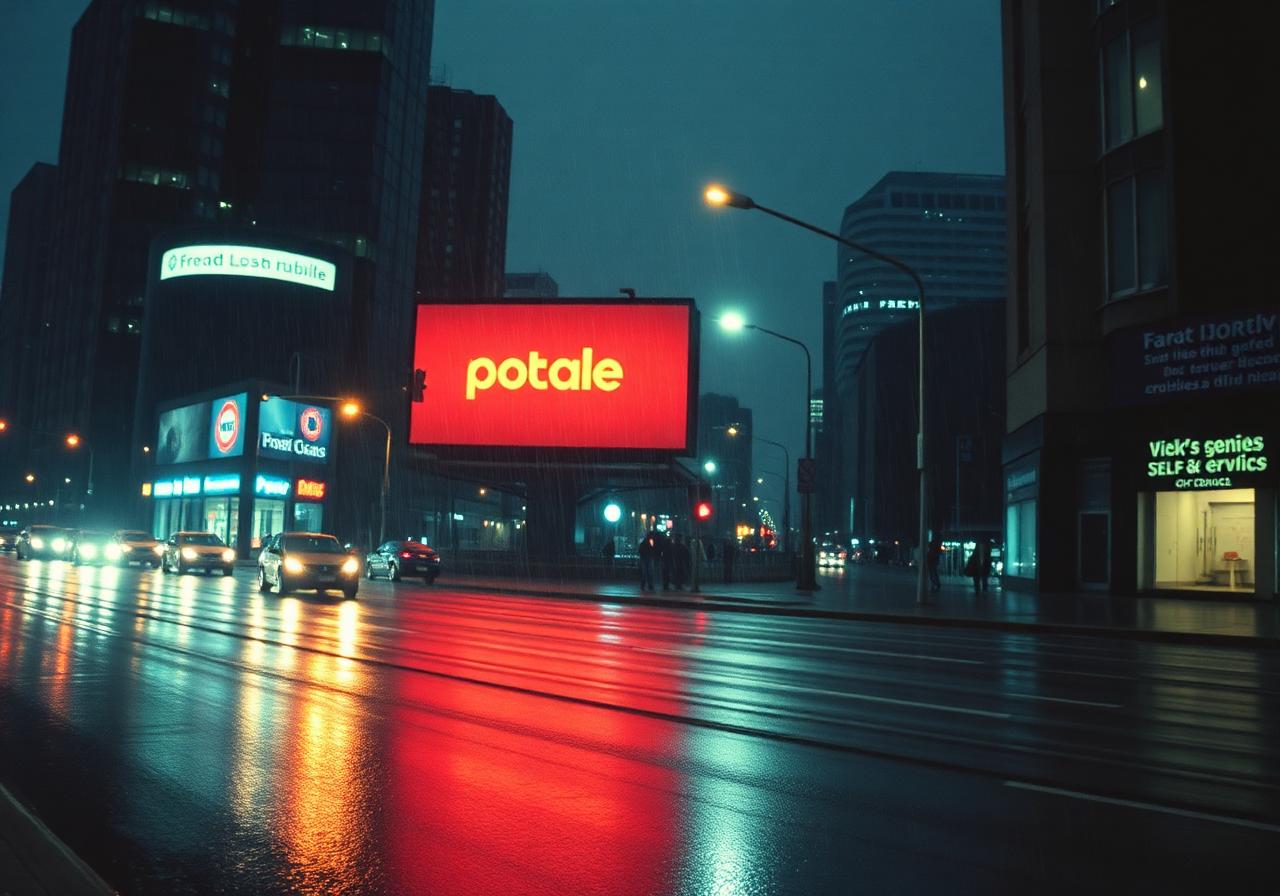 Glowing billboard reflected on rain-slick city street at night