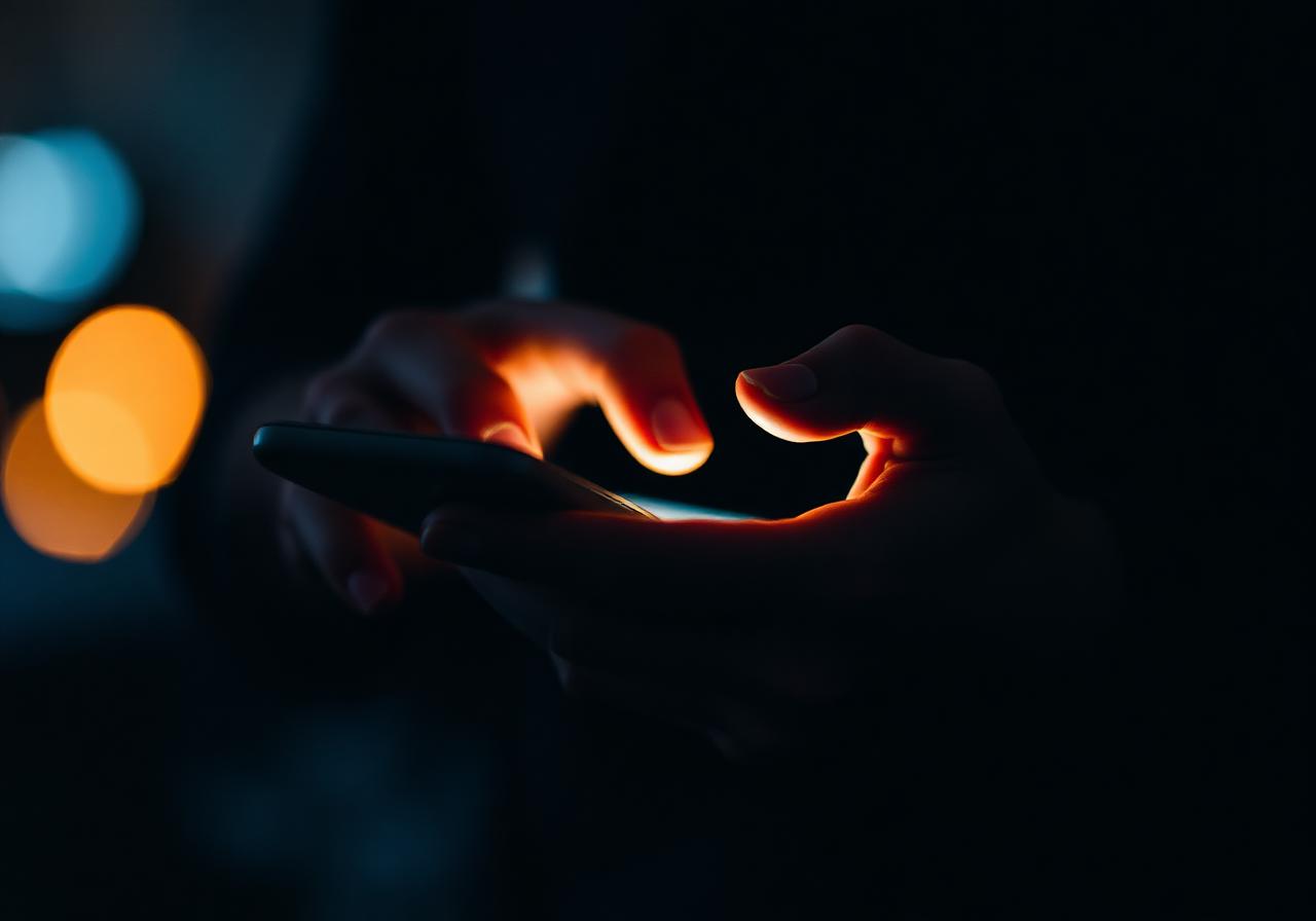 Hand holding a smartphone glowing in low light