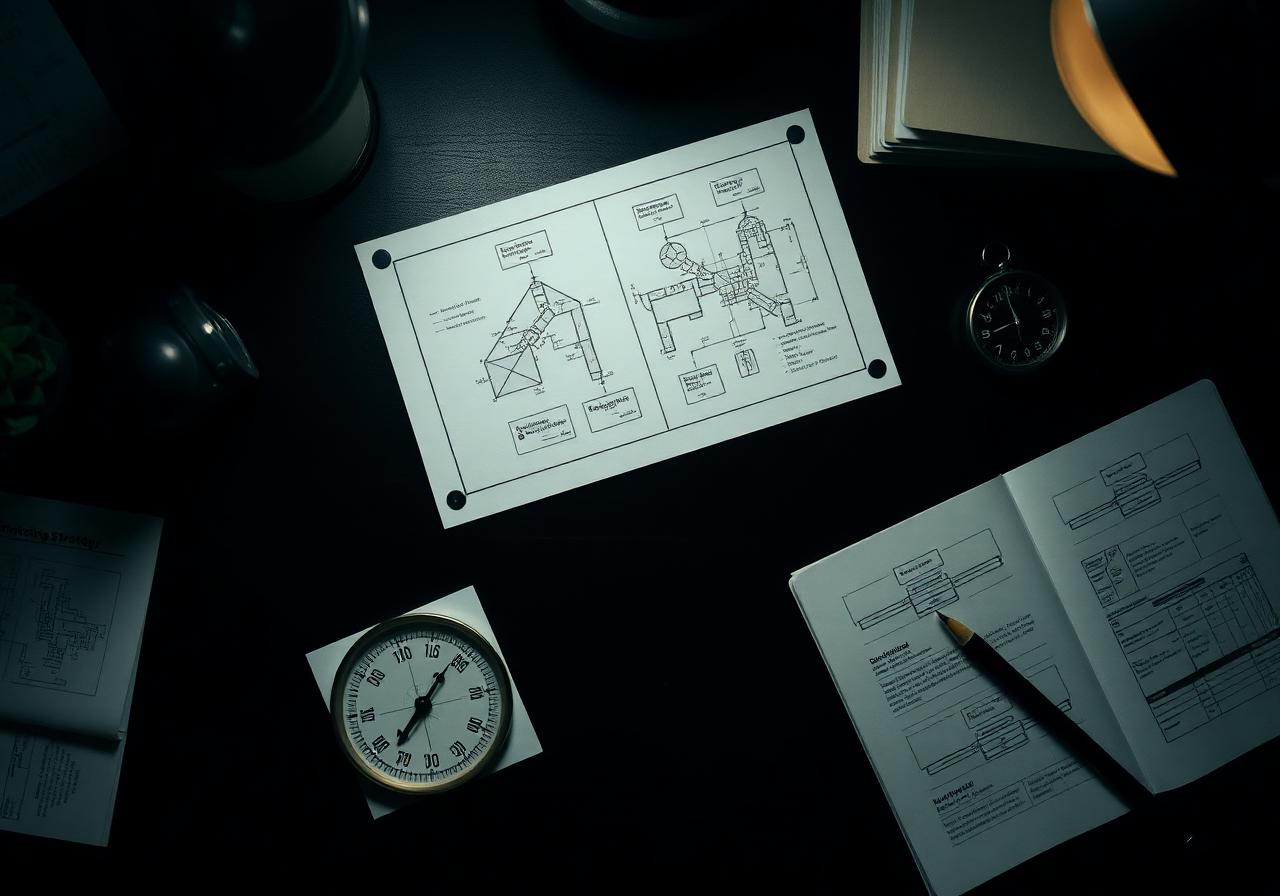 Overhead view of a strategy desk with diagrams and a compass
