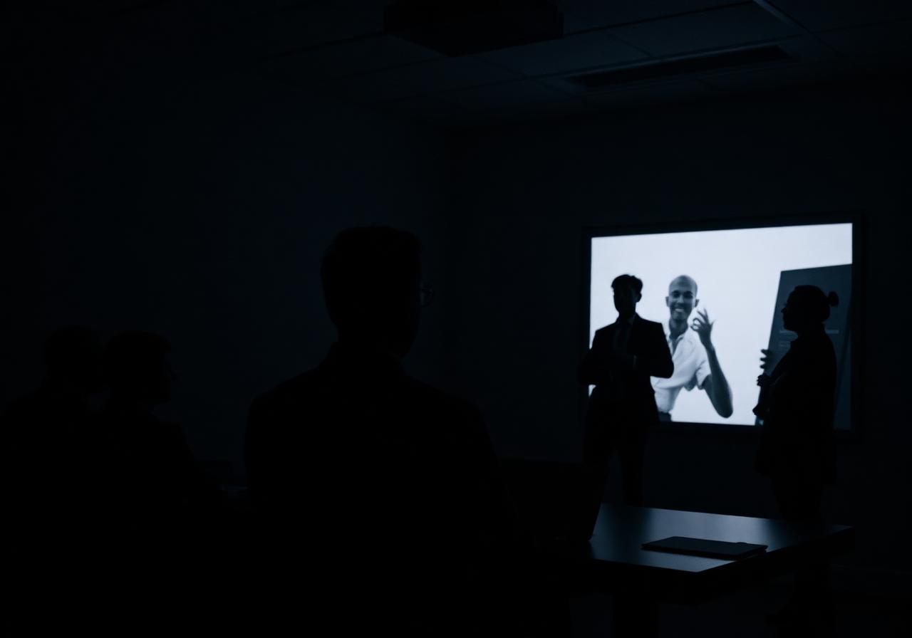 Silhouettes in a dark conference room watching a projected screen