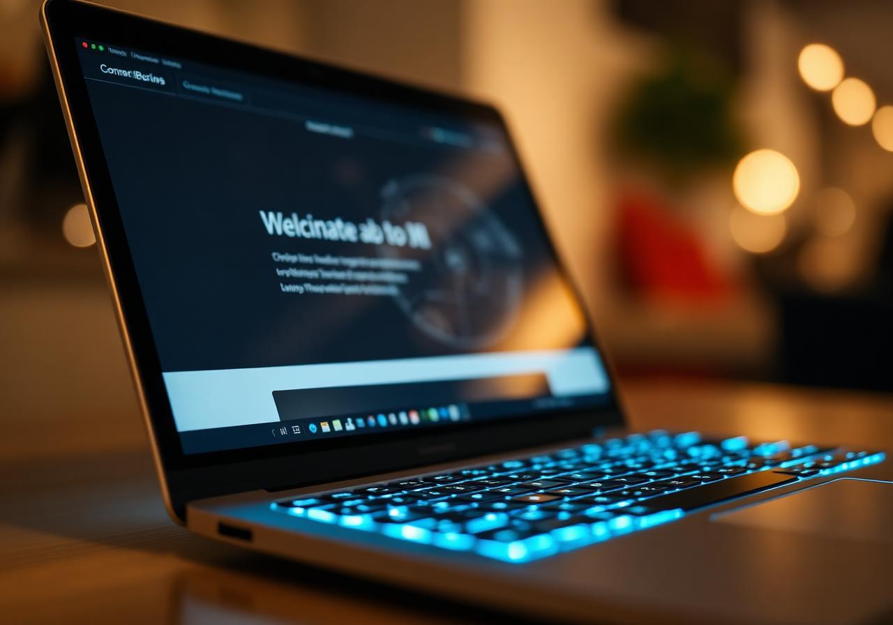 Dark mode website displayed on a sleek laptop in low light